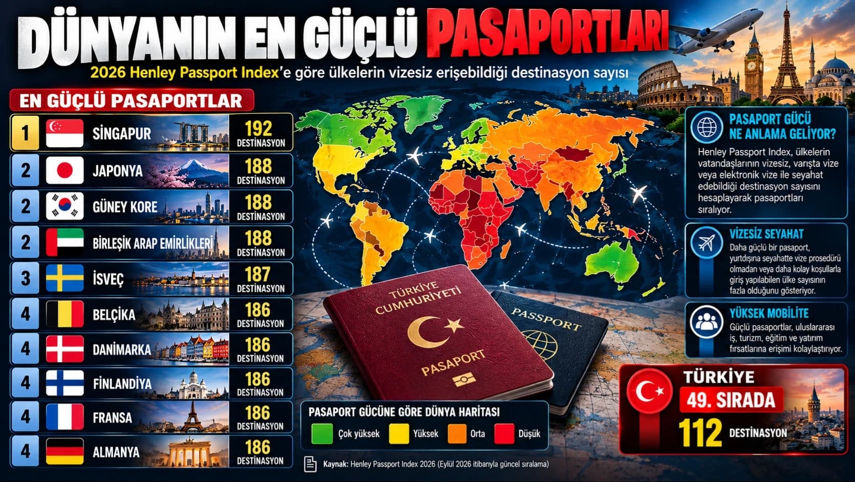 DÜNYANIN EN GÜÇLÜ PASAPORTLARI BELLİ OLDU: TÜRKİYE KAÇINCI?